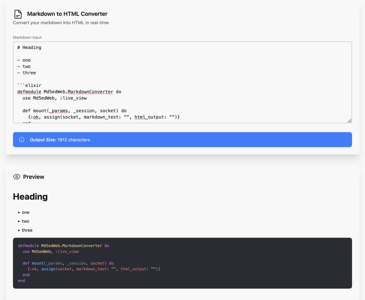Example of the application converting markdown to html in a phoenix live view.